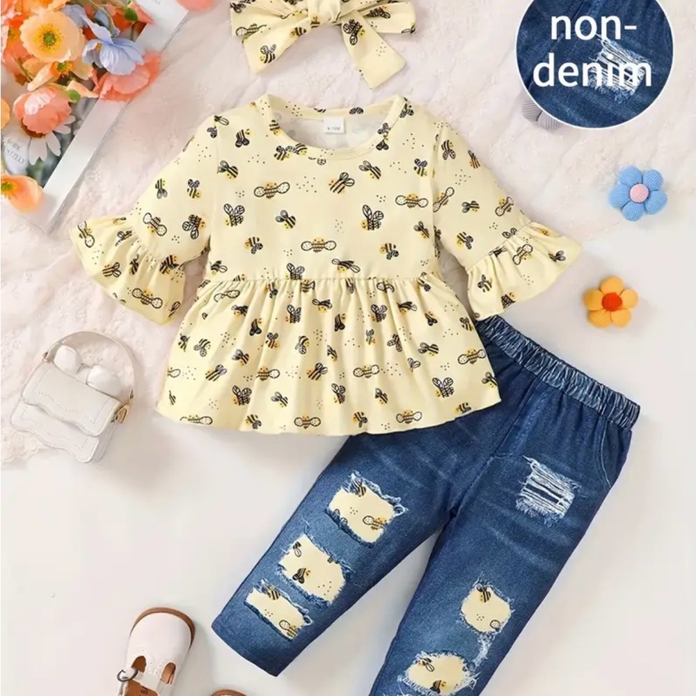 Yellow Bee Print Top and Blue Denim Pants Set
